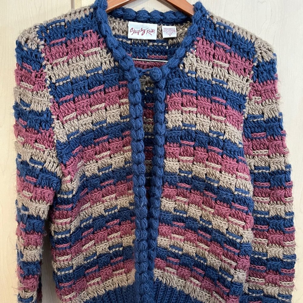 Vintage Shapely‎ Knits Novelty Striped Cardigan Heavy Knit Sweater Womens Small